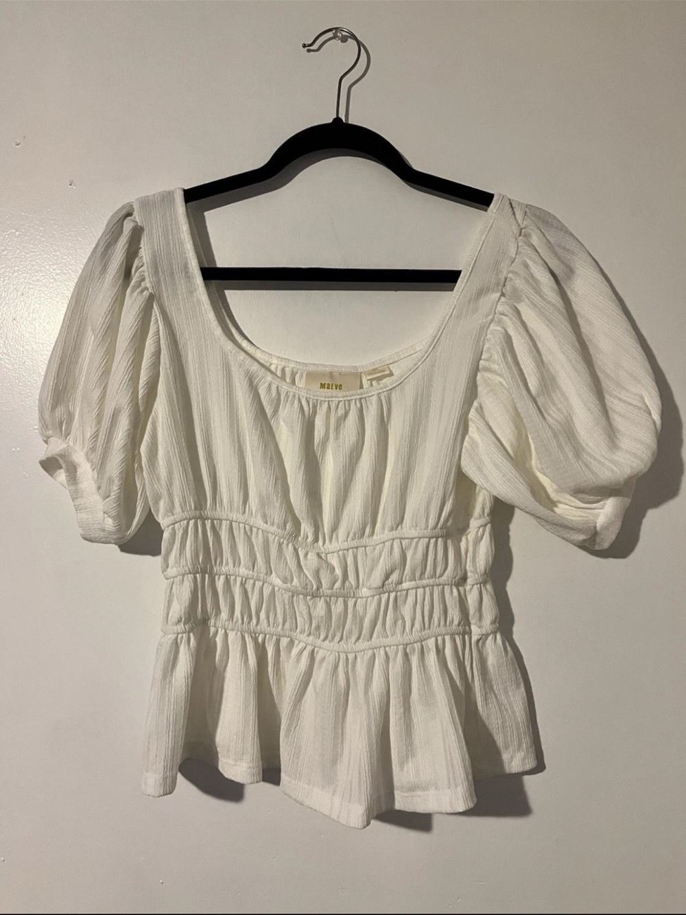 Maeve White Smocked Puff-Sleeve Peplum Blouse